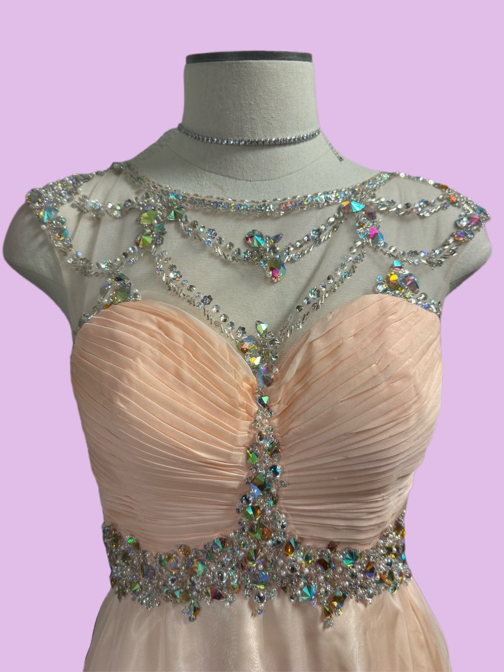 Beaded Illusion Neckline Prom Dress in Blush - Picture 2 of 5